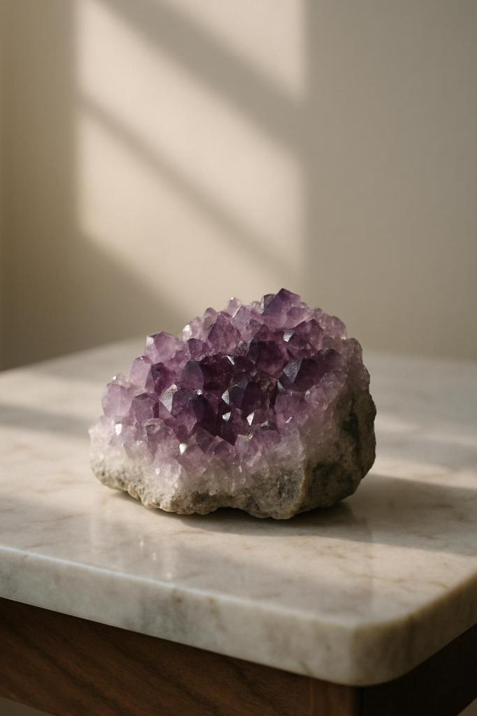 An amythest crystal cluster on a marble tabletop
